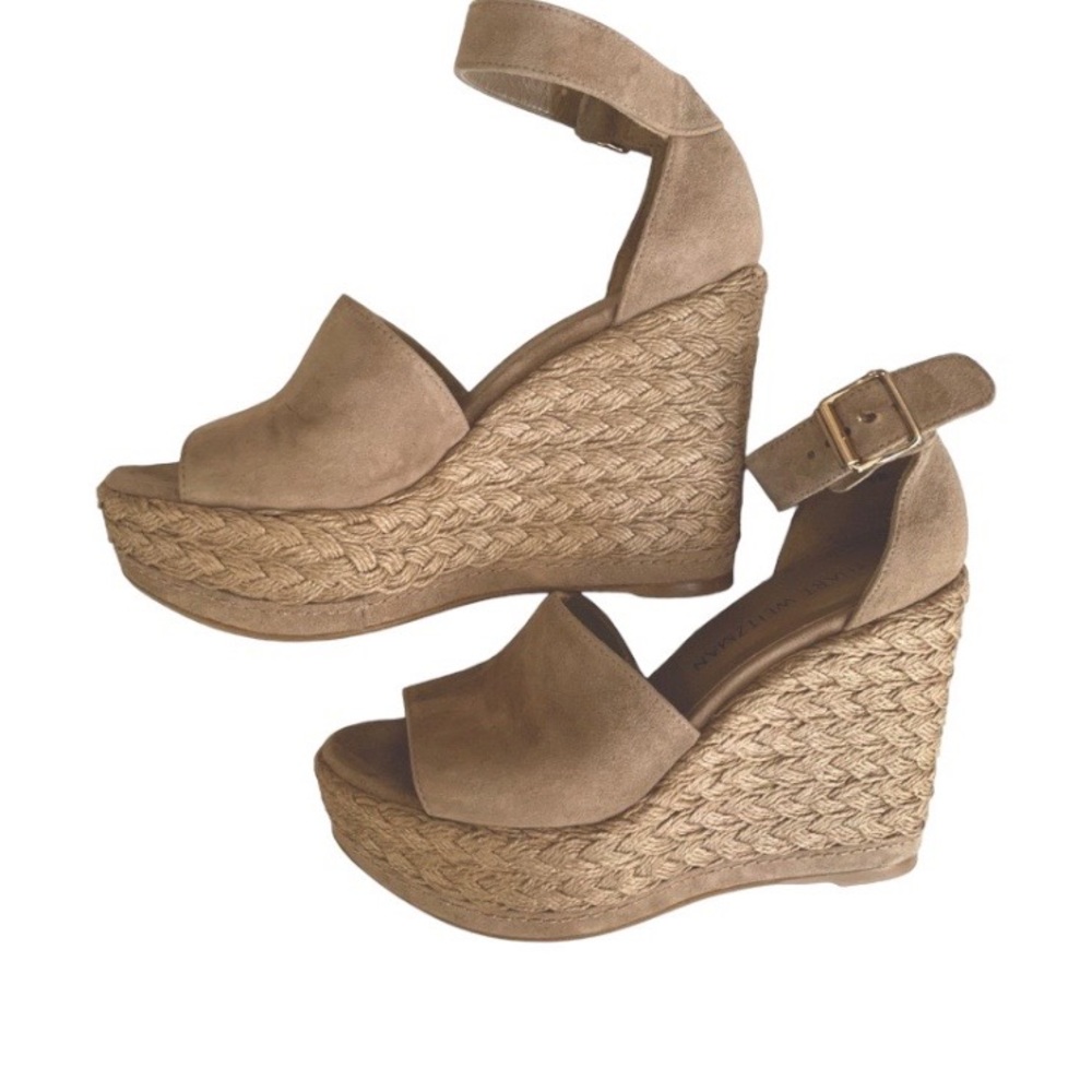 STUART WEITZMAN Soho Espadrille Wedge Suede Jute Sandal Vacation Tan Siz…